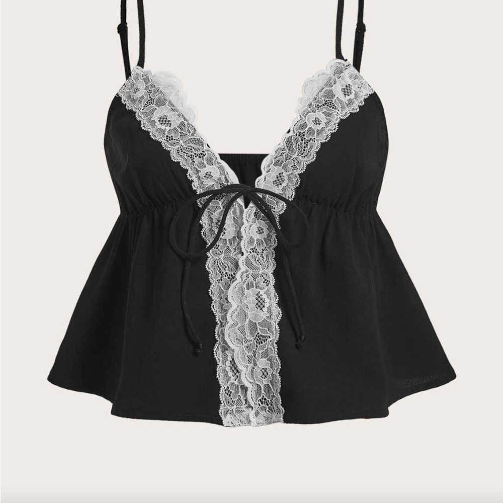 Cider Black Tank Top with White Lace Trim